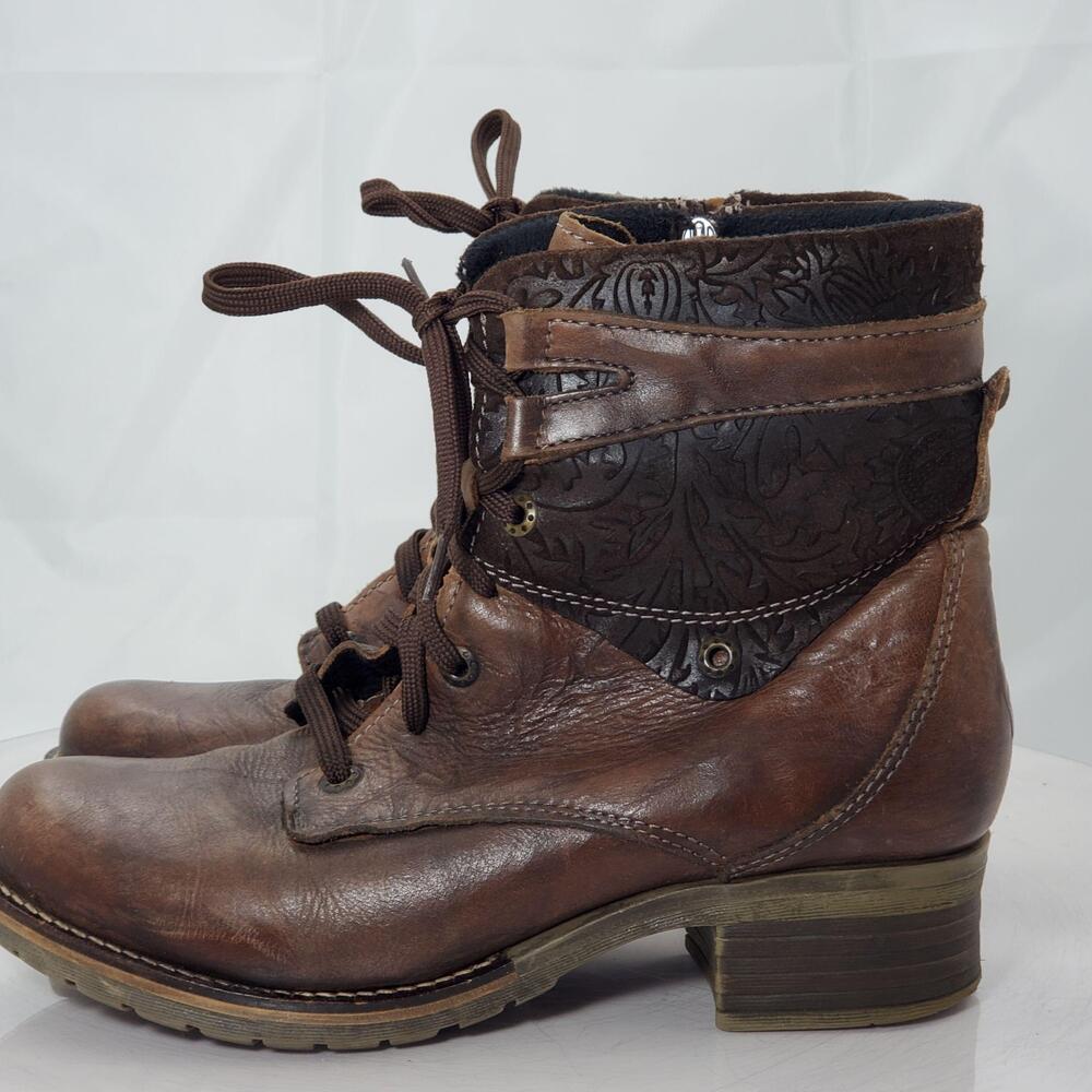 Dromedaris Combat Ankle Boots Women 11 Brown Leather Embossed Floral Zip Heel
